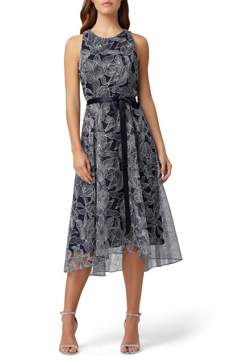 Tahari Sleeveless Tie Waist Metallic High/Low Dress, Main, color,