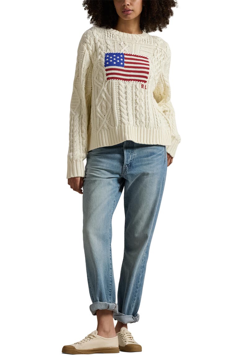 Aran Stitch American Flag Cotton Crewneck Sweater, Alternate, color, CREAM
