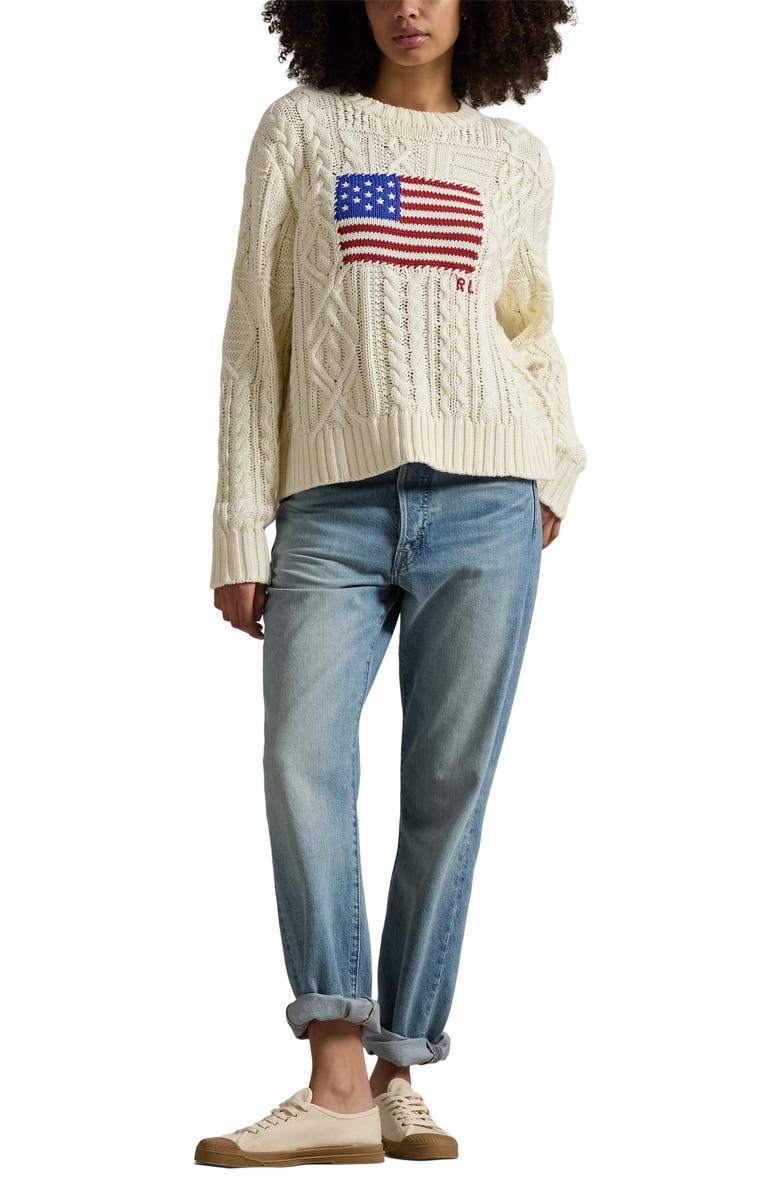 Polo Ralph Lauren Aran Stitch American Flag Cotton Crewneck Sweater, Alternate, color, 