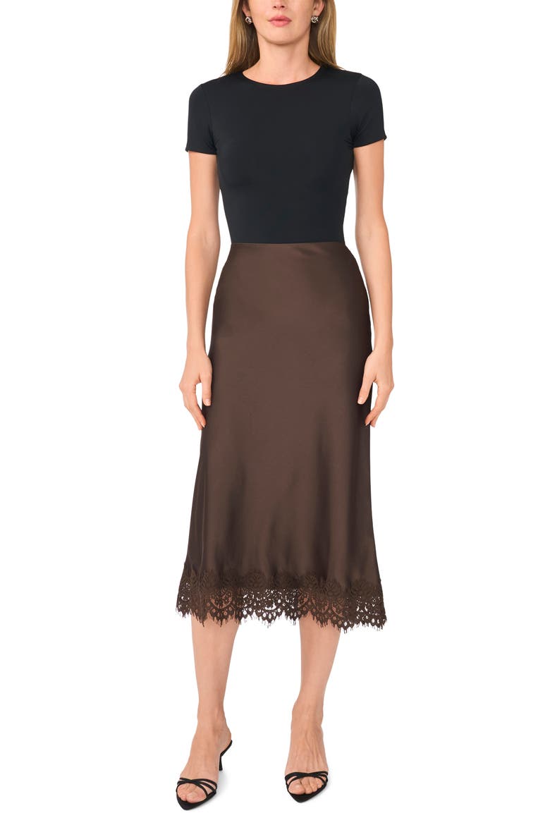 Lace Trimmed Satin Midi Skirt, Alternate, color, CALL ME CHOCOLATE
