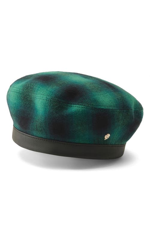 Helen Kaminski Floriane Check Cotton & Leather Beret in Everglade 