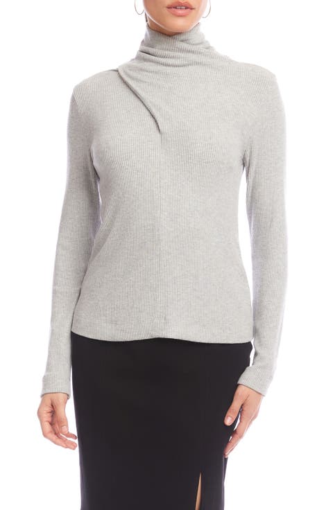 Rib Faux Wrap Turtleneck Top