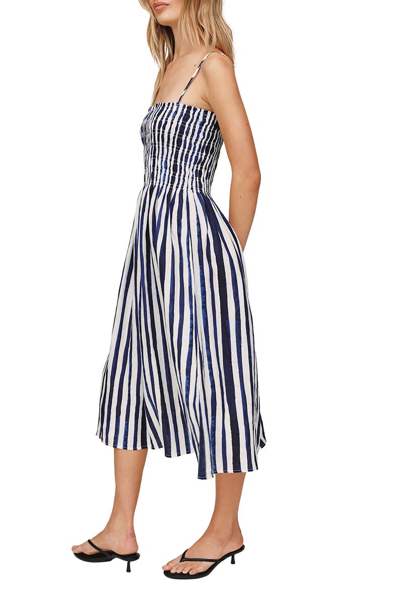 Smocked Linen Midi Dress, Alternate, color, PAINTED TIDES STRIPES