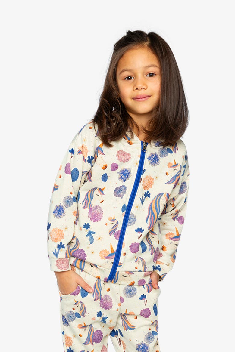 Hooded Zip Side Pocket French Terry Cardigan, Alternate, color, Beige Unicorn Print