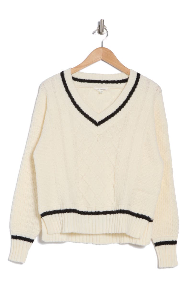Blu Pepper Stripe V-Neck Cable Knit Sweater, Alternate, color, Ivory