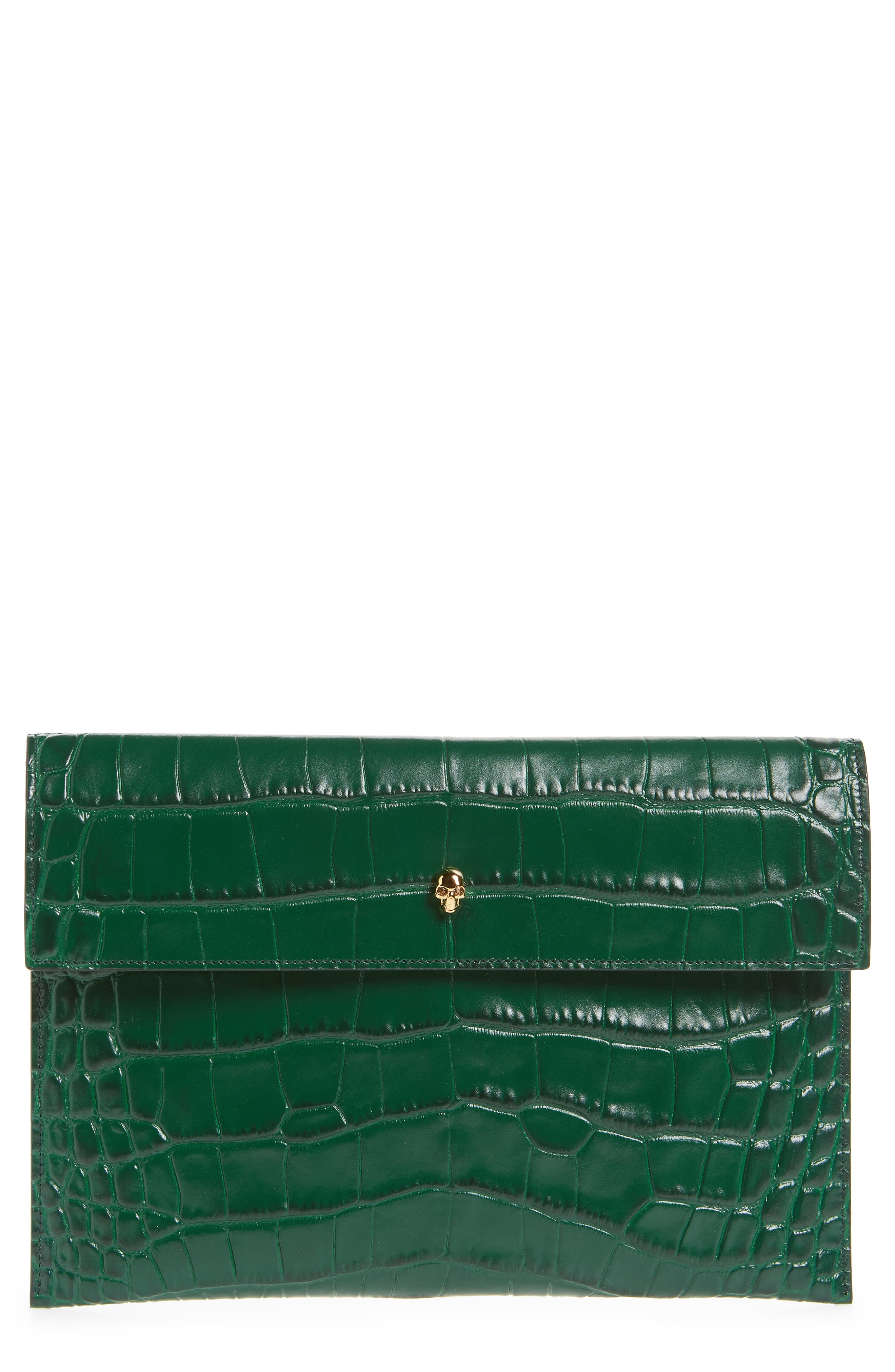 McQueen Alexander McQueen Croc Embossed Leather Envelope Clutch, Main, color, 