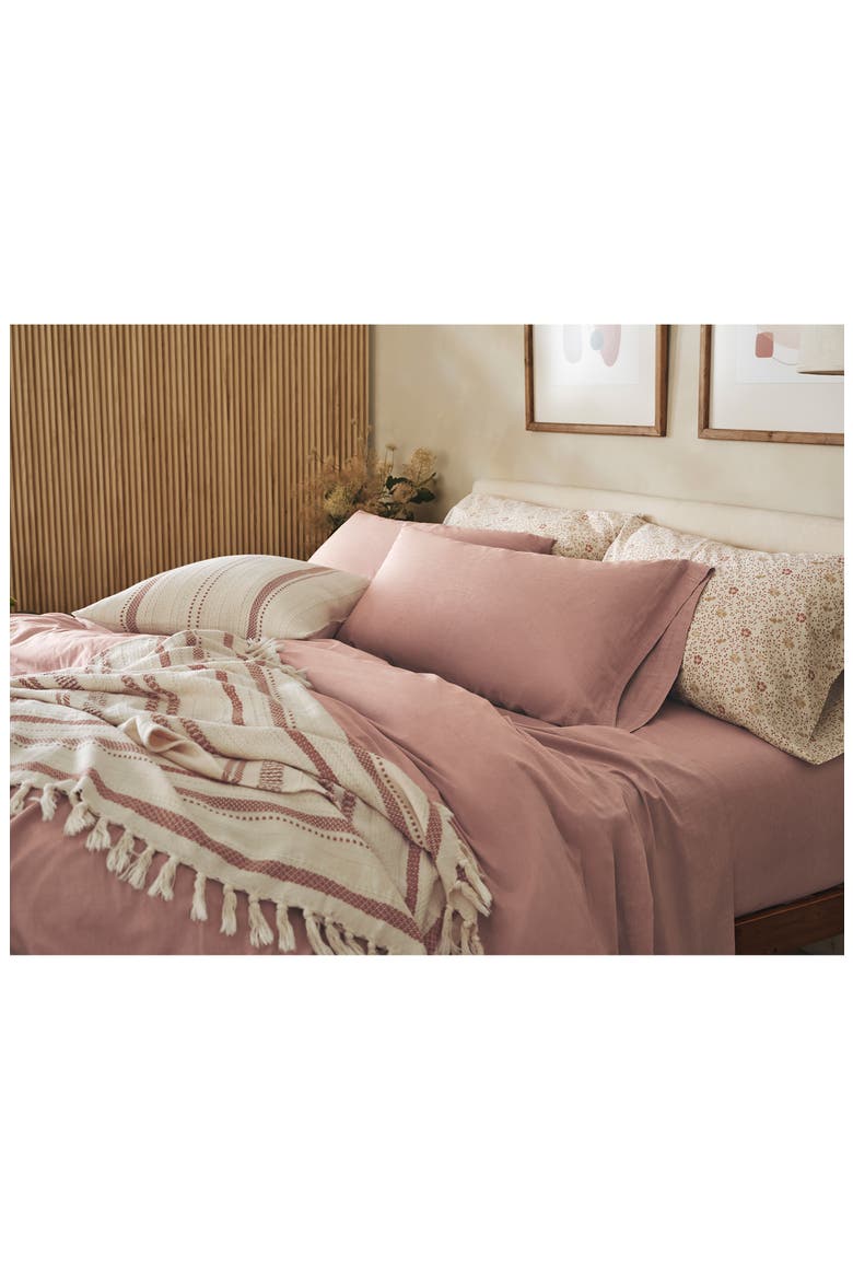 Crinkled Organic Cotton Percale Sheet Set, Alternate, color, PRALINE CHAMBRAY