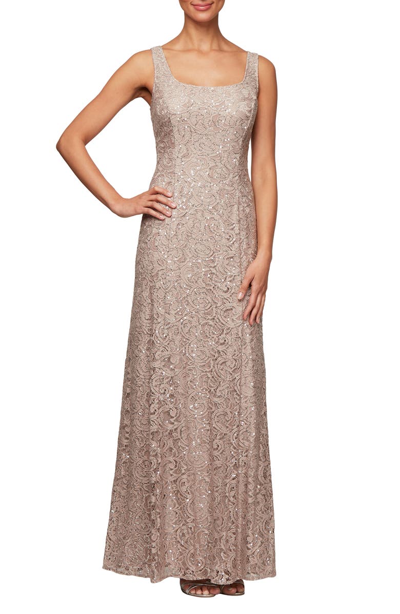 Alex Evenings Sequin Lace Jacket Formal Gown, Alternate, color, Buff