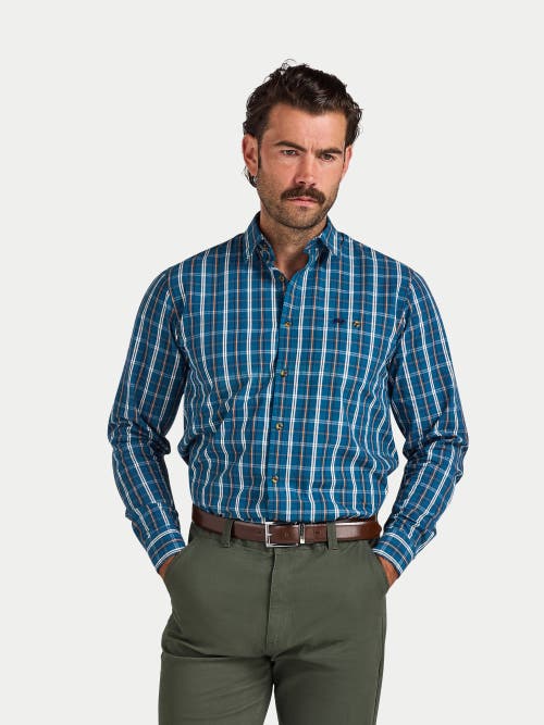 Raging Bull Long Sleeve Check Cotton Poplin Shirt In Blue