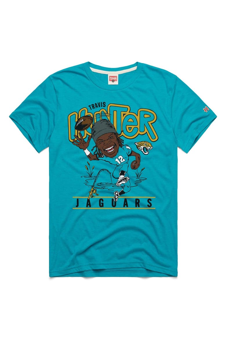 Men's Homage Travis Hunter Teal Jacksonville Jaguars 2025 NFL Draft Caricature Player Graphic Tri-Blend T-Shirt, Main, color, Teal
