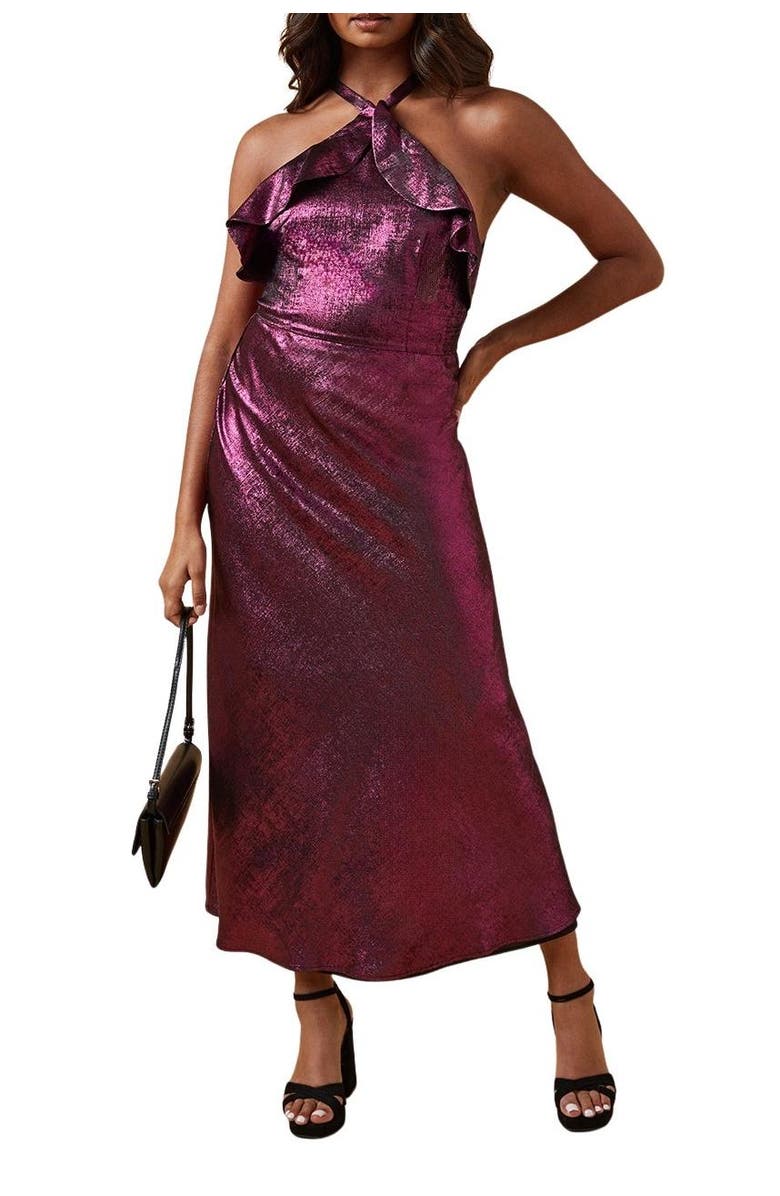 Oasis Foil Halterneck Ruffle Foil Midaxi Dress, Alternate, color, Pink