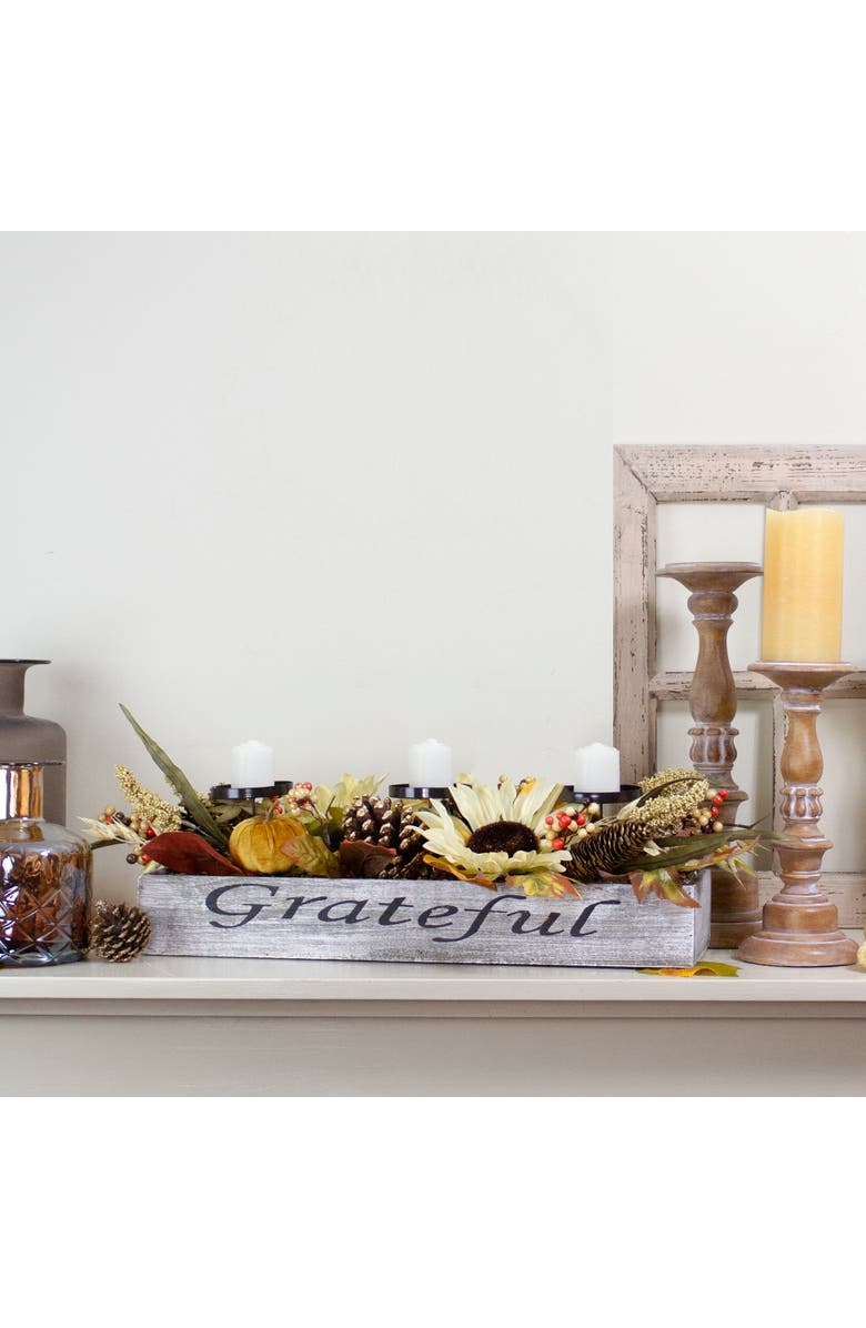 Northlight Autumn Sunflower "Grateful" Triple Candle Holder Centerpiece - 30", Alternate, color, 
