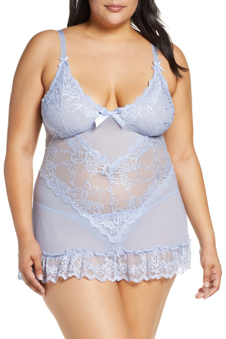 Valentine Soft Cup Babydoll Chemise & G-String Thong, Main, color, BRUNNERA BLUE
