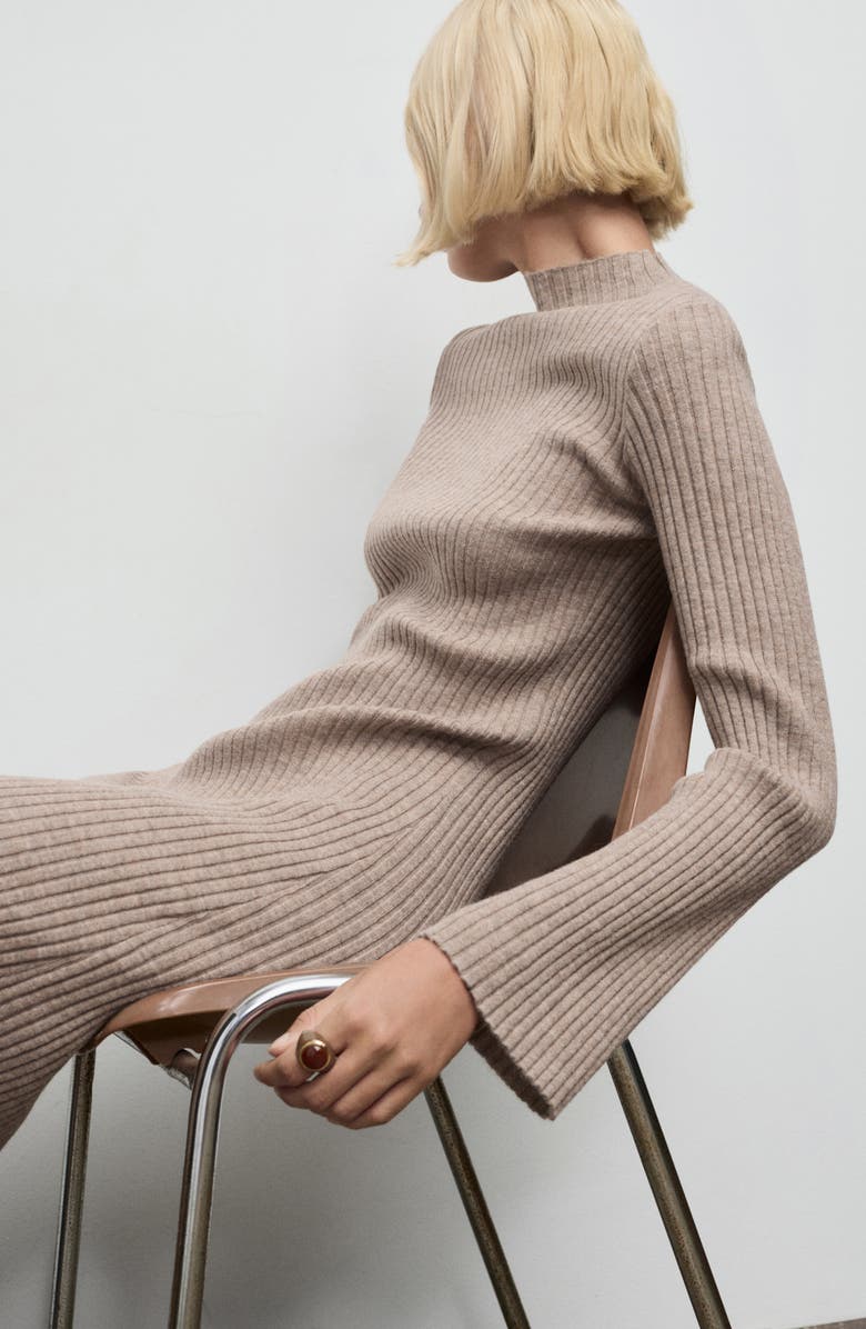 MANGO Rib Long Sleeve Midi Sweater Dress, Alternate, color, Medium Brown