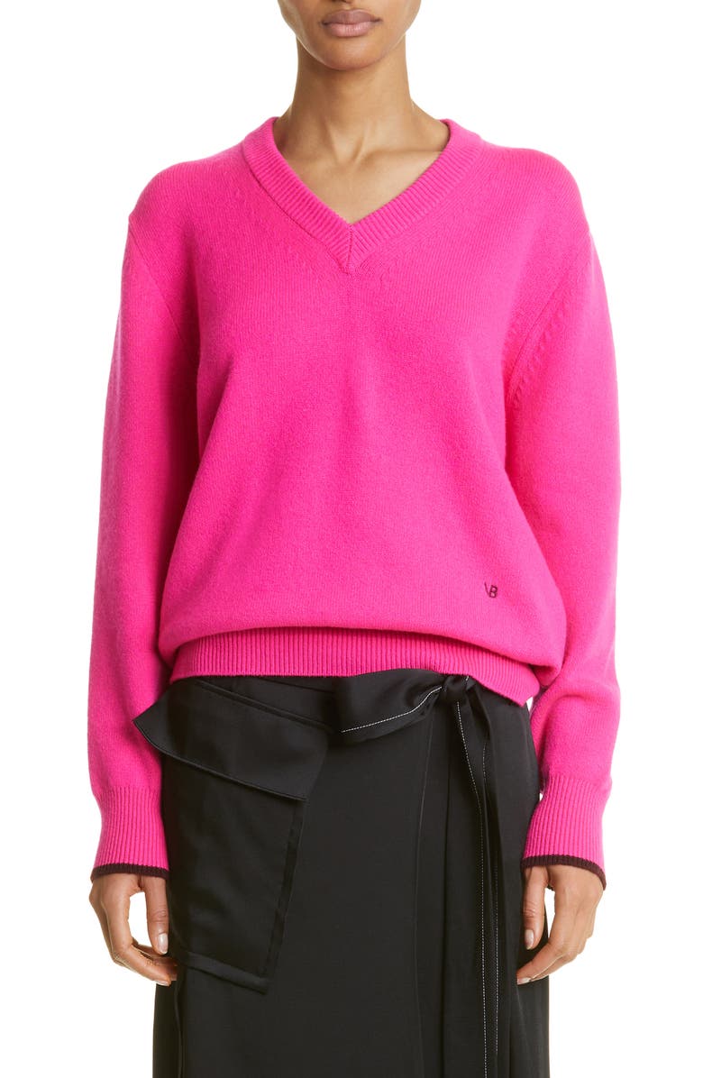 Victoria Beckham Tipped V-Neck Cashmere Sweater, Main, color, 