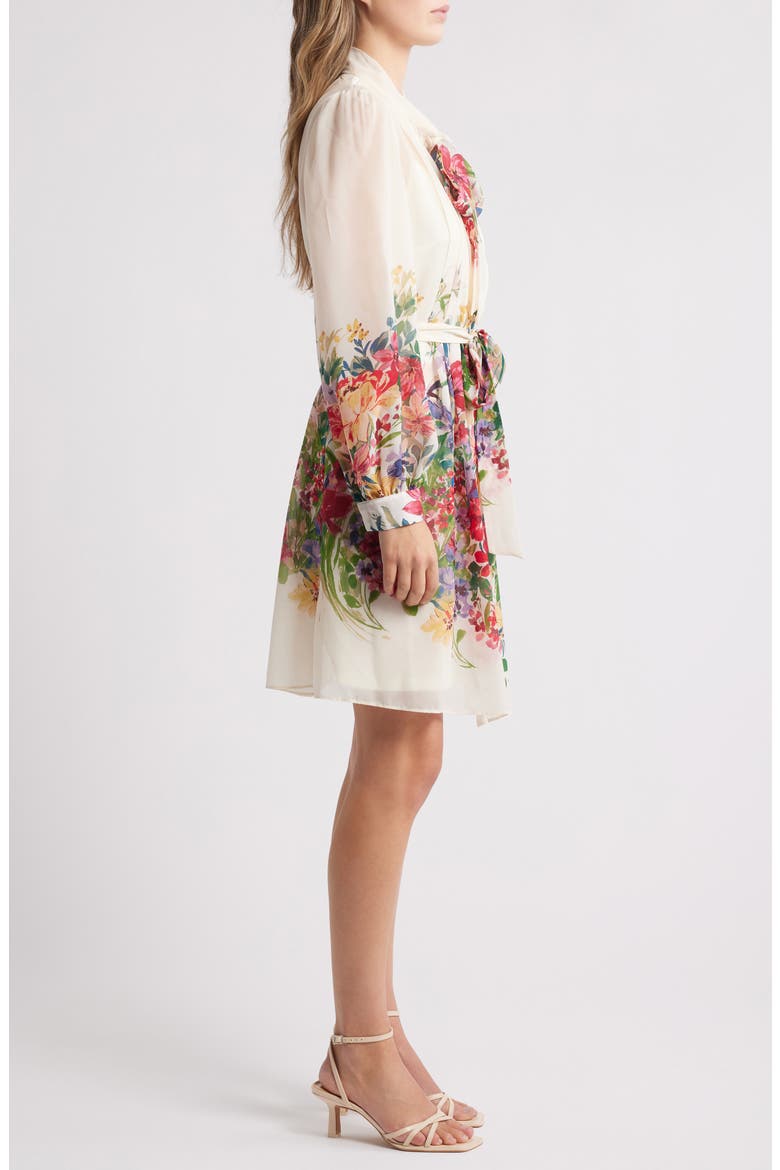 Floral Print Tie Neck Long Sleeve Dress, Alternate, color, IVORY MULTI