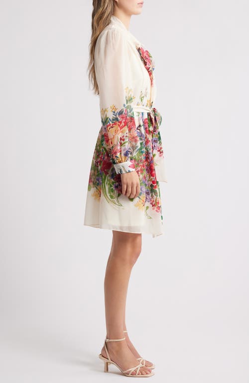 Julia Jordan Floral Print Tie Neck Long Sleeve Dress In Ivory Multi