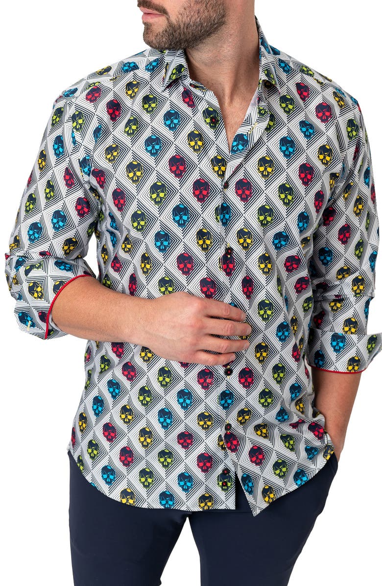 Maceoo Fibonacci Regular Fit Alienskull White Button-Up Shirt, Alternate, color, White