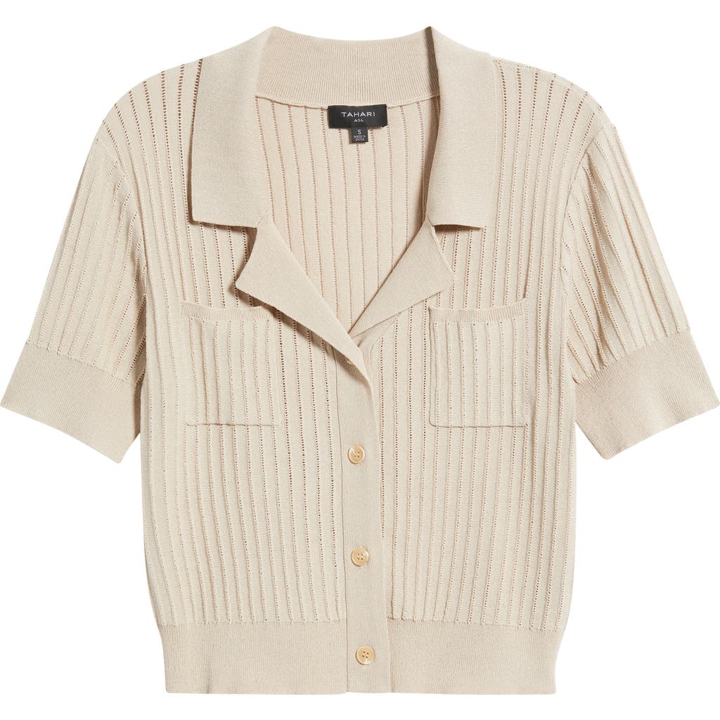 Tahari Asl Pointelle Stitch Short Sleeve Cardigan In Sand