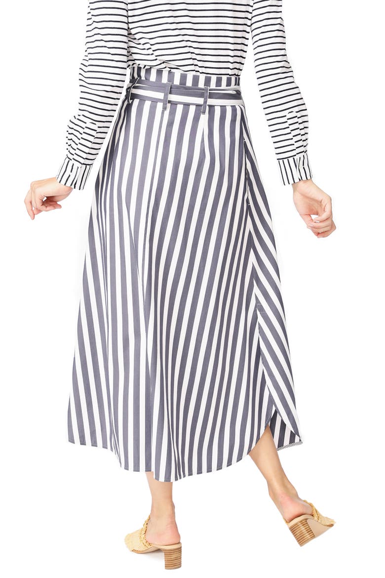 Wide Stripe Tie Waist Cotton Blend Skirt, Alternate, color, BLUE NIGHT