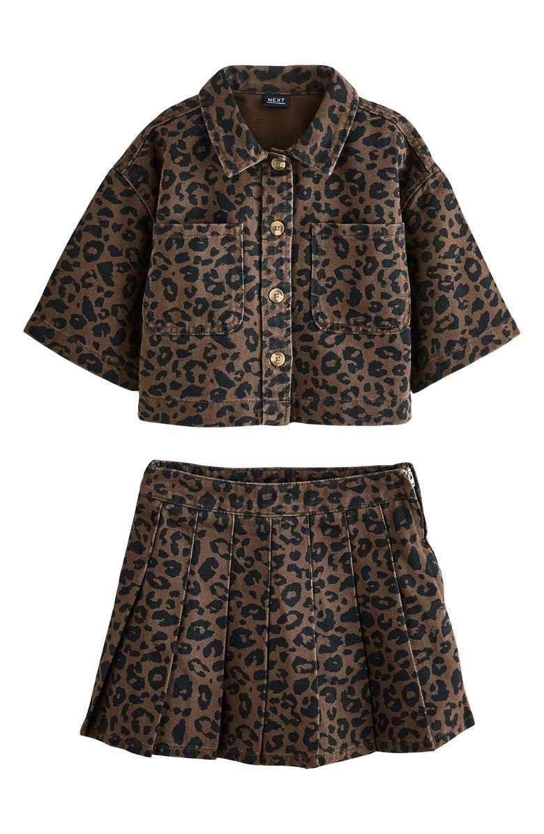 NEXT Kids' Leopard Print Cotton Shacket & Skirt Set, Main, color, Leopard