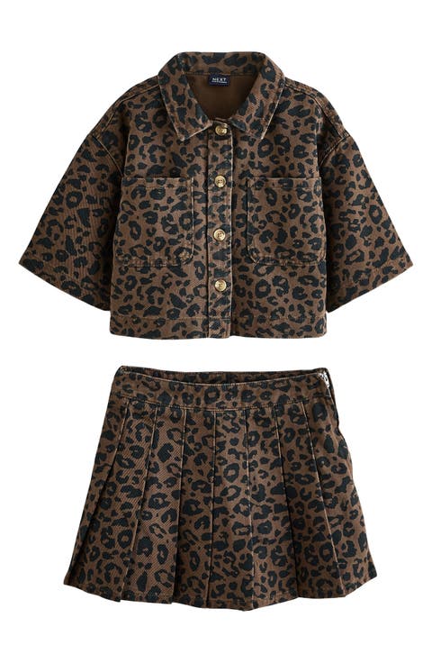 Kids' Leopard Print Cotton Shacket & Skirt Set (Little Kid & Big Kid)