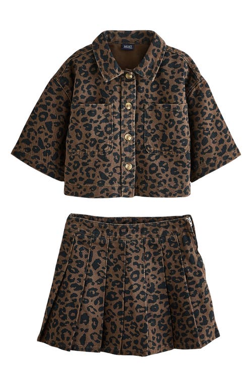 Next Kids' Leopard Print Cotton Shacket & Skirt Set In Brown
