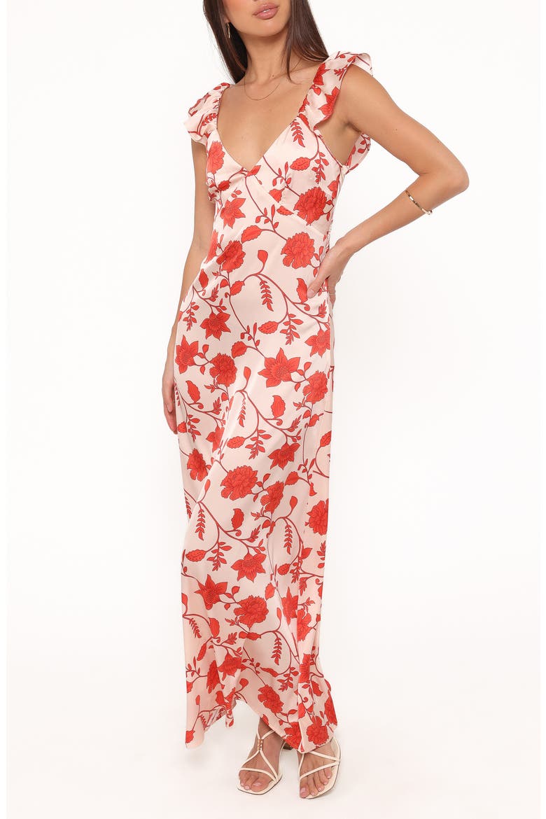 Enala Floral Ruffle Sleeve Satin Maxi Dress, Main, color, RED FLORAL