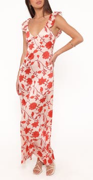 Petal & Pup Enala Floral Ruffle Sleeve Satin Maxi Dress