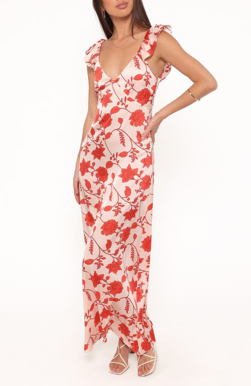 Petal & Pup Enala Floral Ruffle Sleeve Satin Maxi Dress in Red Floral at Nordstrom, Size Small
