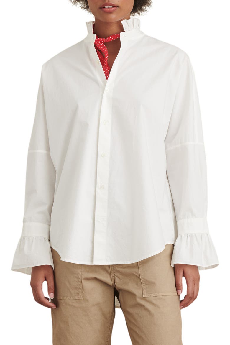 Ruffle Button-Up Shirt, Main, color, WHITE