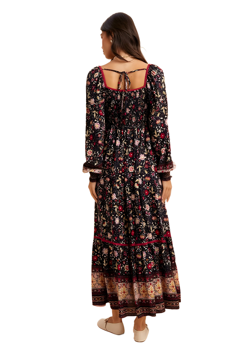 Knit and Lounge Boho Tiered Print Long Sleeve Midi Dress with Lace Trim, Alternate, color, Black Floral