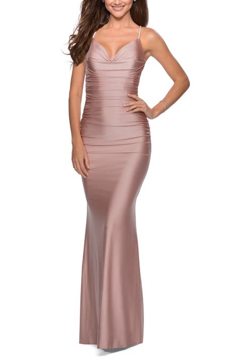 Form Fitting Jersey Dress with Ruching and Strappy Back