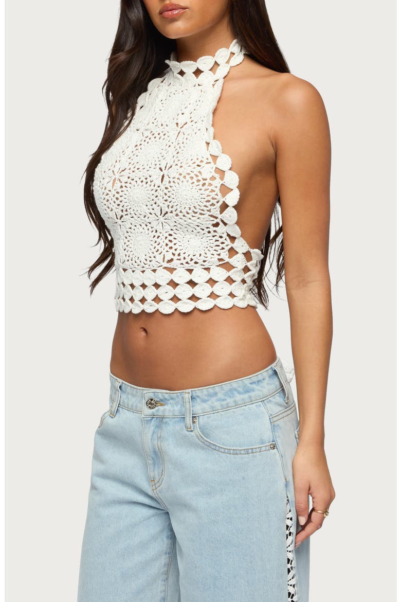 Crochet Open Back Halter Top, Alternate, color, CREAM