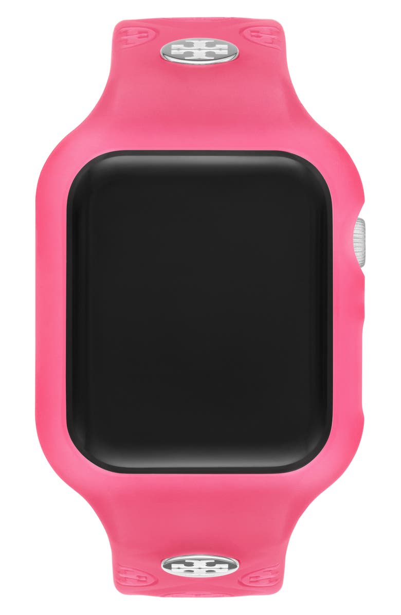 Tory Burch T Monogram Silicone Apple Watch<sup>®</sup> Watchband, 41mm, Alternate, color, Raspberry Pink