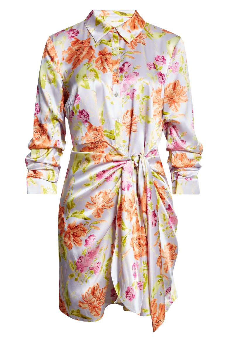 Jacy Ruched Sleeve Tie Waist Satin Shirtdress, Alternate, color, PALE LAVENDER MULTI
