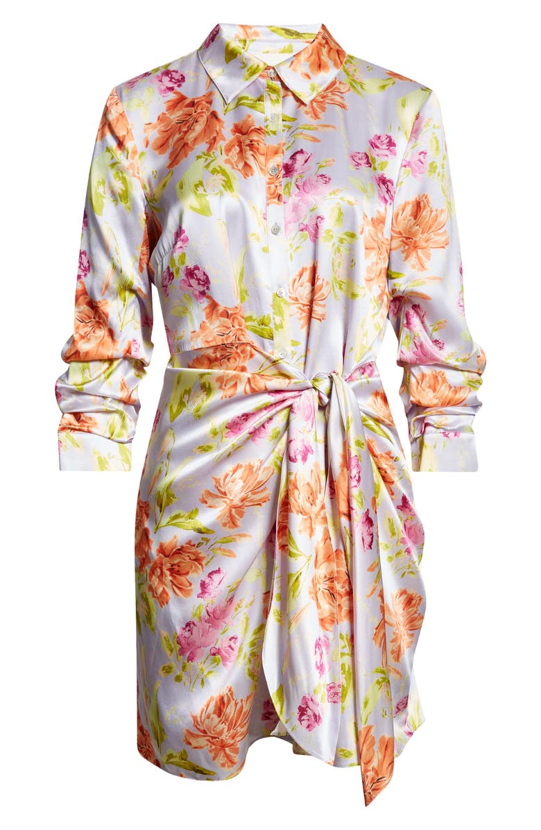 Cinq à Sept Jacy Ruched Sleeve Tie Waist Satin Shirtdress, Alternate, color, Pale Lavender Multi