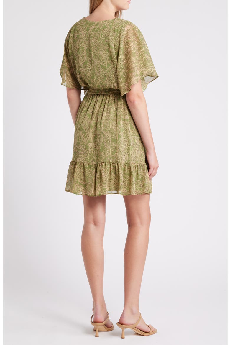 Metallic Paisley V-Neck Chiffon Minidress, Alternate, color, EPSOM BEIGE