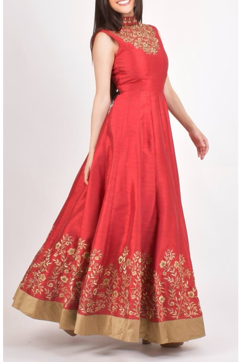 Embroidered Silk High Neck Gown, Main, color, Red