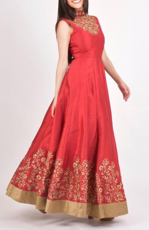 Embroidered Silk High Neck Gown
