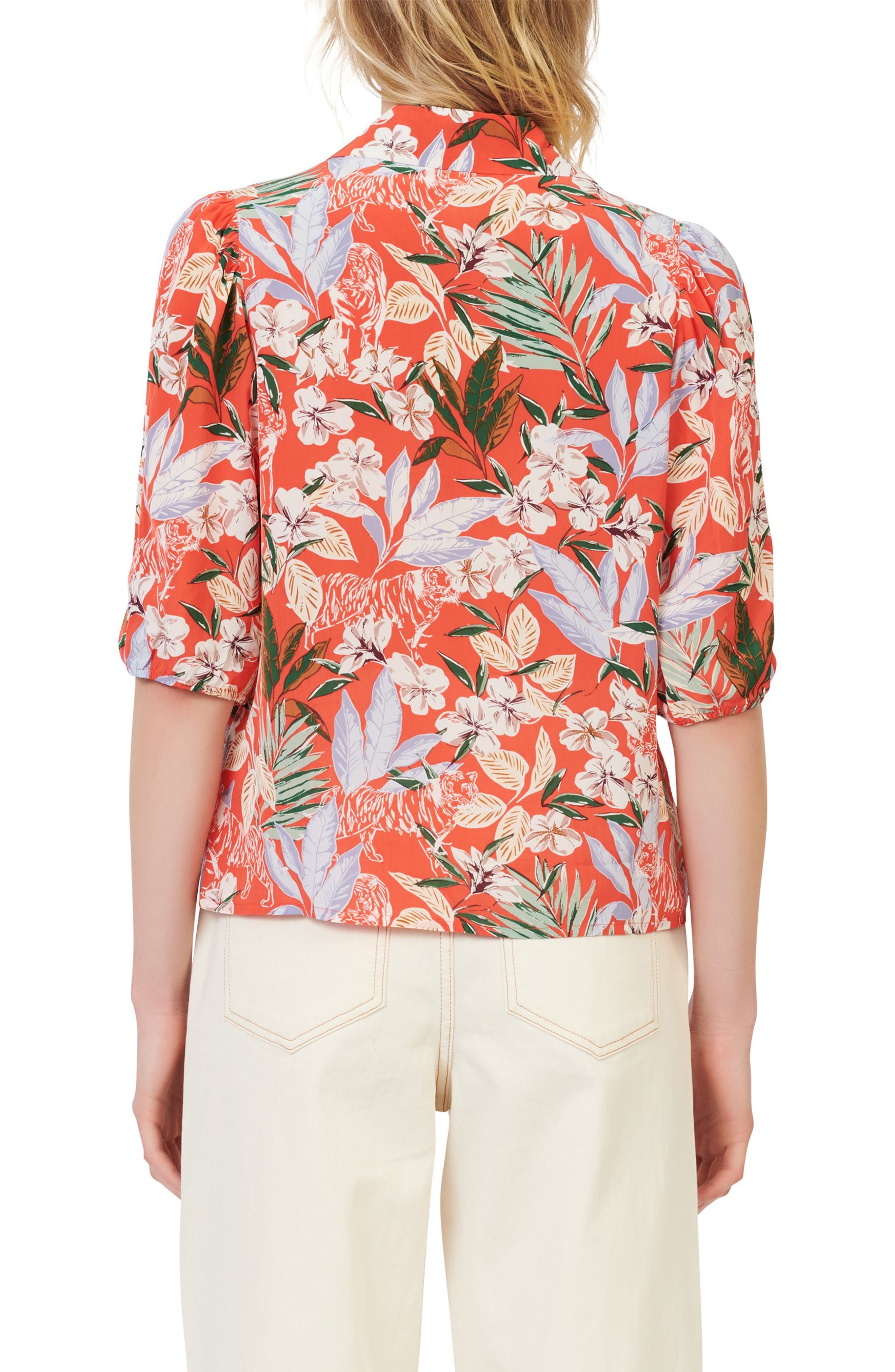 Tropical Floral Print Elbow Sleeve Button-Up Blouse - image 2