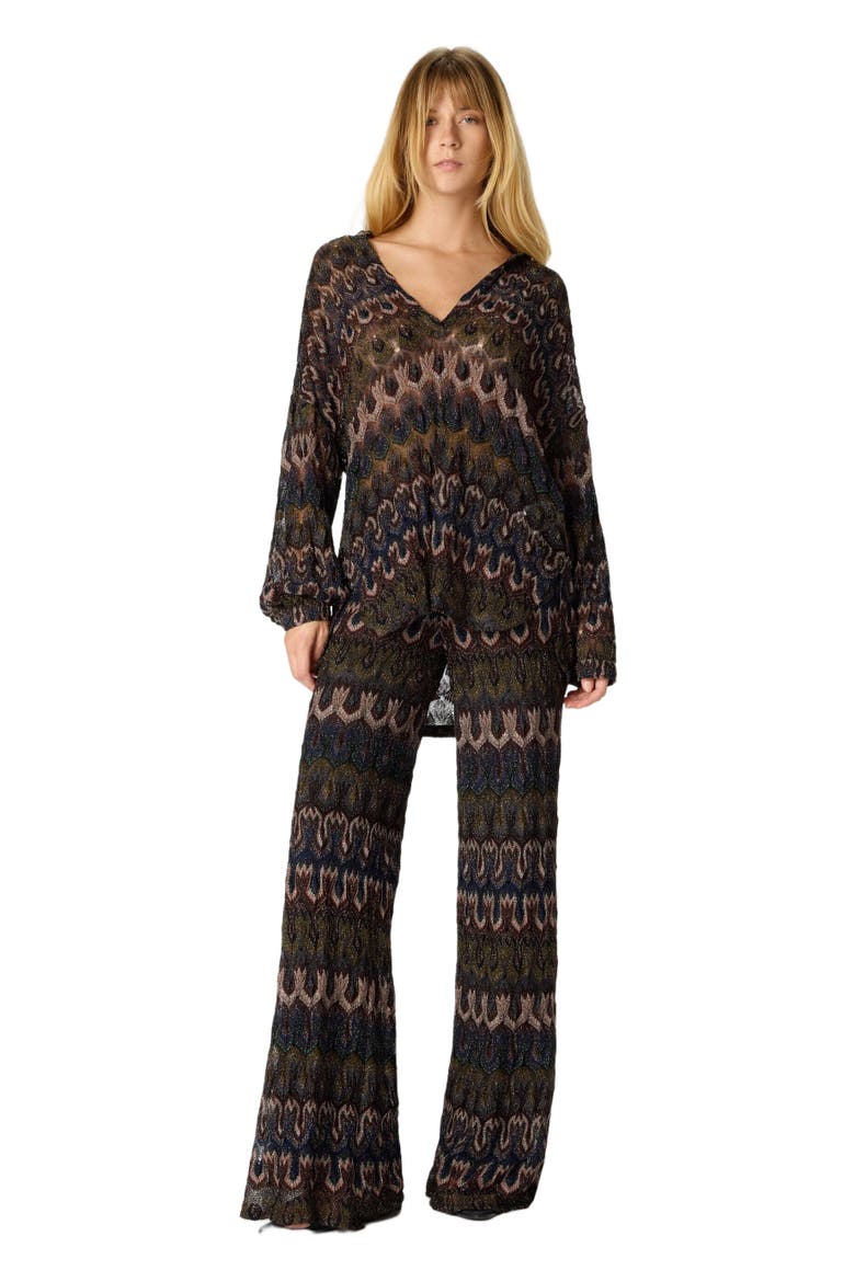 Oversized Blouse In Viscose Lamé With Arabesque Motif, Main, color, Brown