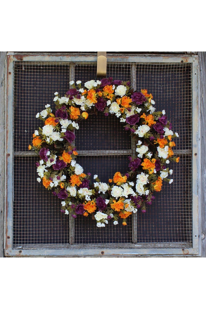 Mini Mum Gold, Purple, and Ivory Front Door Fall Floral Autumn Wreath, Alternate, color, Purple