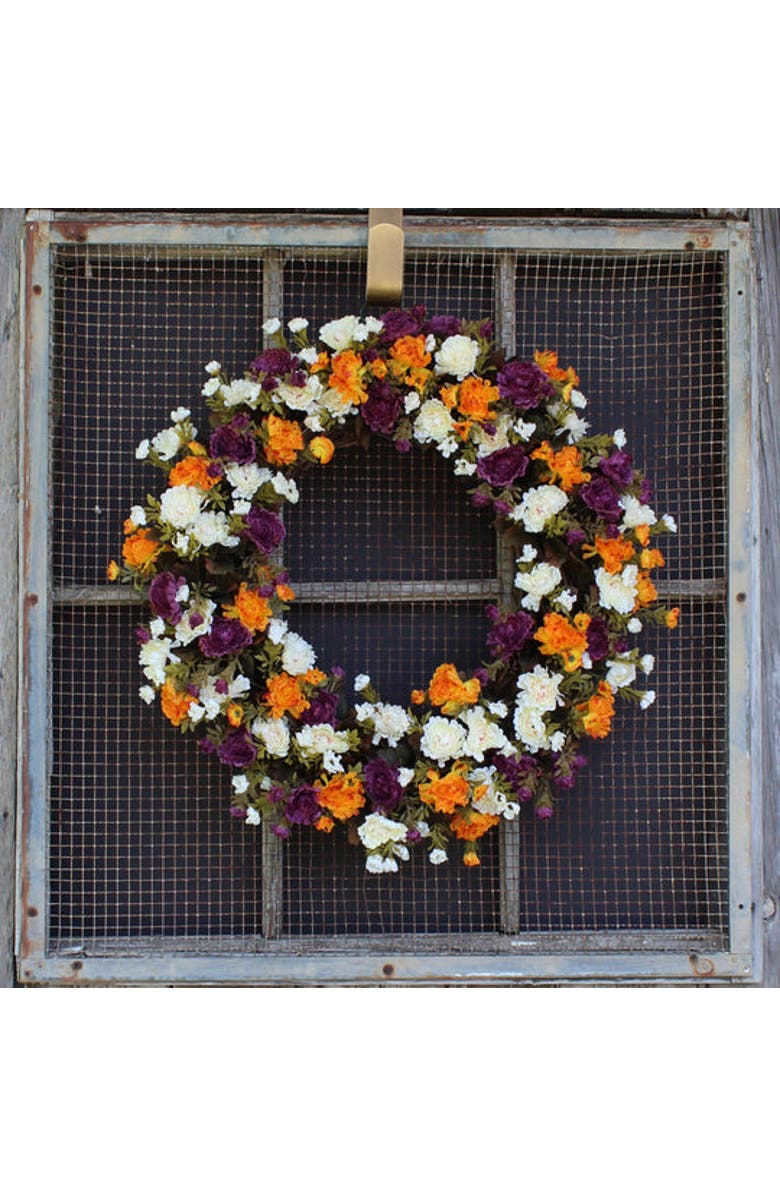 Darby Creek Trading Mini Mum Gold, Purple, and Ivory Front Door Fall Floral Autumn Wreath, Alternate, color, Purple