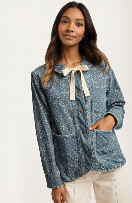 Knit and Lounge Button Front Floral Print Ribbon Tie Jacket in Blue Floral  product