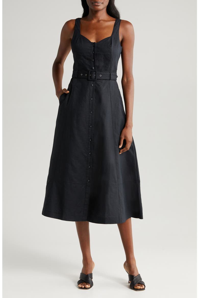 Arienne Belted Sleeveless Linen Blend Midi Dress, Main, color, BLACK