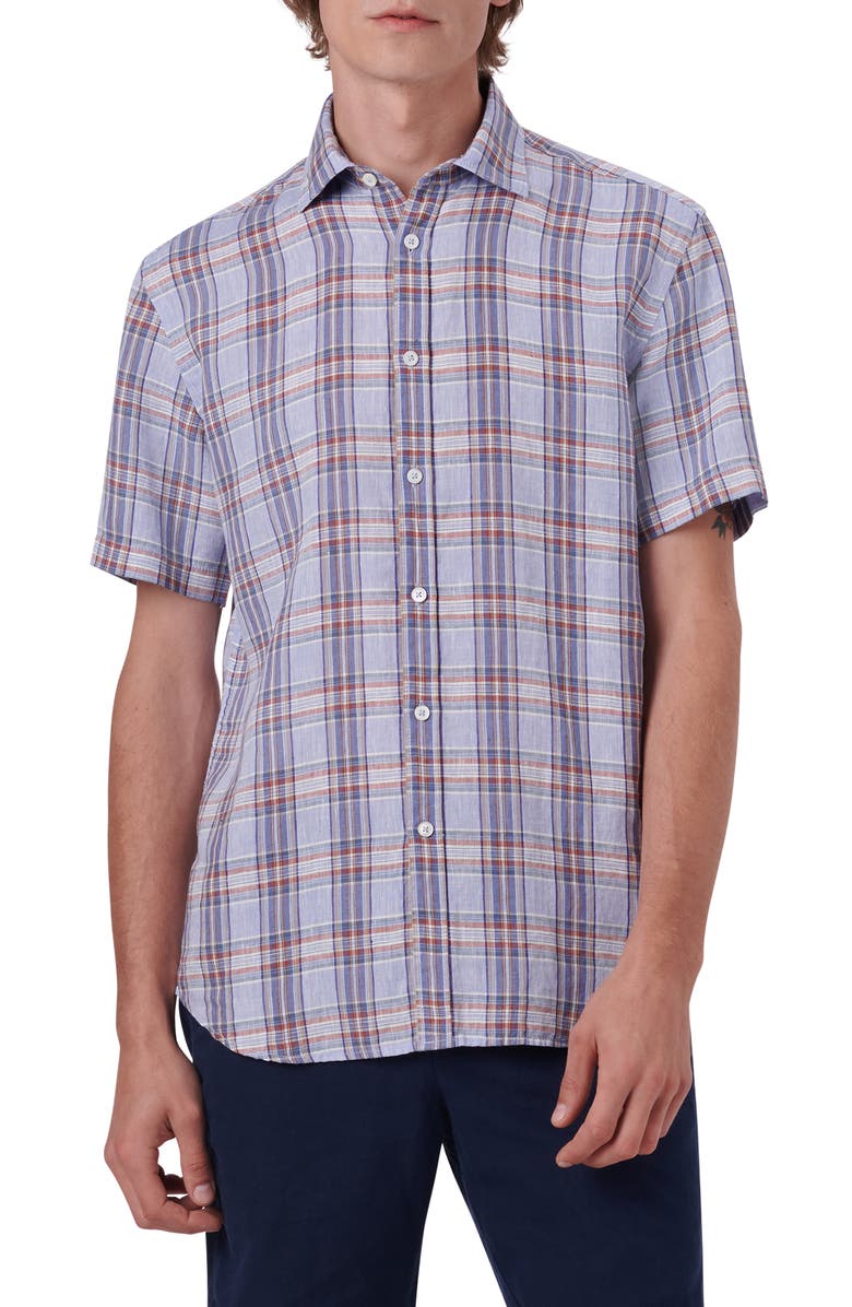 Bugatchi Plaid Short Sleeve Linen Button-Up Shirt, Main, color,