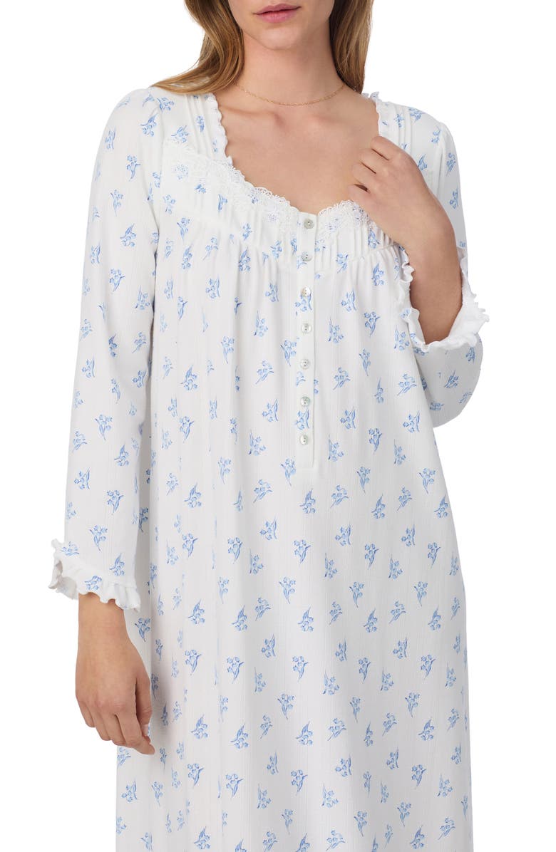 Eileen West Long Sleeve Stretch Cotton Pointelle Ballet Nightgown, Alternate, color, White/ Ditsy Floral