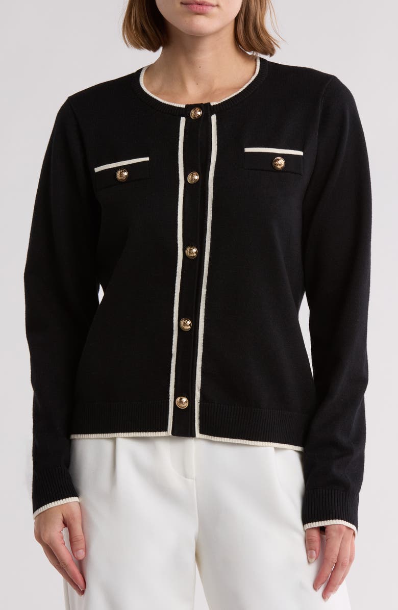 Love By Design Keira Chest Pocket Cardigan, Main, color, Tipped Black/Gardeni