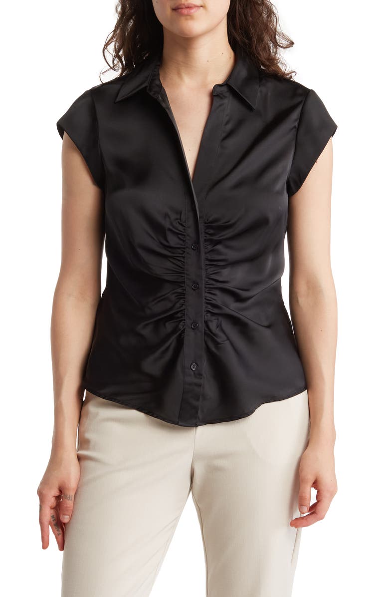 DR2 by Daniel Rainn Ruched Satin Button-Front Cap Sleeve Blouse, Main, color,